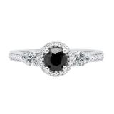 14K White Gold 5 MM Round Black Diamond Pear White Sapphire & Round Diamond Ladies 3 Stone Ring