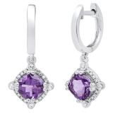 14K White Gold 6 MM Each Cushion Amethyst & Round White Diamond Ladies Drop Earrings