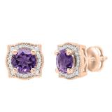 10K Rose Gold 6 MM Each Round Amethyst & White Diamond Ladies Halo Stud Earrings