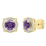 14K Yellow Gold 6 MM Each Round Amethyst & White Diamond Ladies Halo Stud Earrings