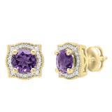 14K Yellow Gold 6 MM Each Round Amethyst & White Diamond Ladies Halo Stud Earrings