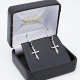 0.10 Carat (ctw) 10K White Gold Round White Diamond Double Cross Dangling Earrings 1/10 CT
