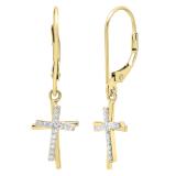 0.10 Carat (ctw) 10K Yellow Gold Round White Diamond Double Cross Dangling Earrings 1/10 CT