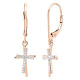 0.10 Carat (ctw) 18K Rose Gold Round White Diamond Double Cross Dangling Earrings 1/10 CT