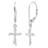 0.10 Carat (ctw) 18K White Gold Round White Diamond Double Cross Dangling Earrings 1/10 CT