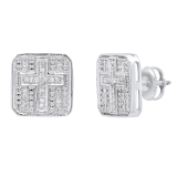 0.15 Carat (ctw) Sterling Silver Round White Diamond Ladies Square Shaped Cross Stud Earrings