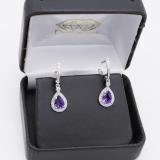 10K White Gold Each 7X5 MM Pear Amethyst & Round White Diamond Ladies Halo Dangling Drop Earrings