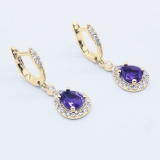 10K Yellow Gold Each 7X5 MM Pear Amethyst & Round White Diamond Ladies Halo Dangling Drop Earrings