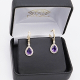 14K Yellow Gold Each 7X5 MM Pear Amethyst & Round White Diamond Ladies Halo Dangling Drop Earrings