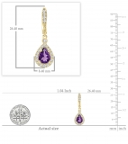 14K Yellow Gold Each 7X5 MM Pear Amethyst & Round White Diamond Ladies Halo Dangling Drop Earrings