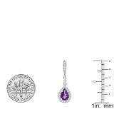 18K White Gold Each 7X5 MM Pear Amethyst & Round White Diamond Ladies Halo Dangling Drop Earrings