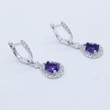 18K White Gold Each 7X5 MM Pear Amethyst & Round White Diamond Ladies Halo Dangling Drop Earrings