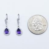 18K White Gold Each 7X5 MM Pear Amethyst & Round White Diamond Ladies Halo Dangling Drop Earrings
