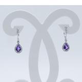 18K White Gold Each 7X5 MM Pear Amethyst & Round White Diamond Ladies Halo Dangling Drop Earrings