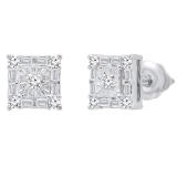 0.20 Carat (ctw) 10K White Gold Baguette & Round White Diamond Ladies Square Frame Stud Earrings