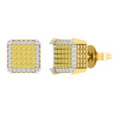 0.31 Carat (ctw) Round Yellow and White Diamond Square Iced Out Dice Shape Unisex Push Back Stud Earrings 1/3 CT in 10K Yellow Gold