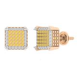 0.31 Carat (ctw) Round Yellow and White Diamond Square Iced Out Dice Shape Unisex Screw Back Stud Earrings 1/3 CT in 18K Rose Gold