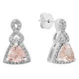 10K White Gold 5 MM Each Trilliant Morganite & Round Diamond Ladies Dangling Earrings