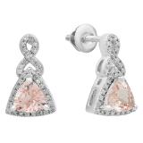 10K White Gold 5 MM Each Trilliant Morganite & Round Diamond Ladies Dangling Earrings