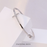 0.10 Carat (ctw) Sterling Silver Round White Diamond Ladies Sideways Cross Bangle Bracelet 1/10 CT
