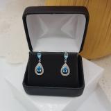 Sterling Silver Pear & Round Blue Topaz & Round White Diamond Ladies Dangling Drop Earrings