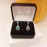 Sterling Silver Pear & Round Blue Topaz & Round White Diamond Ladies Dangling Drop Earrings