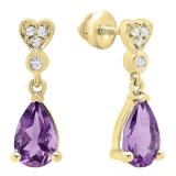 14K Yellow Gold 8X5 MM Each Pear Amethyst & Round White Diamond Ladies Dangling Drop Earrings