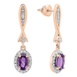 10K Rose Gold 6X4 MM Each Oval Amethyst & Round White Diamond Ladies Dangling Drop Earrings