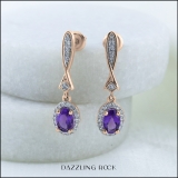 10K Rose Gold 6X4 MM Each Oval Amethyst & Round White Diamond Ladies Dangling Drop Earrings