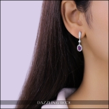 10K White Gold 6X4 MM Each Oval Amethyst & Round White Diamond Ladies Dangling Drop Earrings
