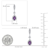 10K White Gold 6X4 MM Each Oval Amethyst & Round White Diamond Ladies Dangling Drop Earrings