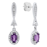 10K White Gold 6X4 MM Each Oval Amethyst & Round White Diamond Ladies Dangling Drop Earrings