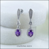 14K White Gold 6X4 MM Each Oval Amethyst & Round White Diamond Ladies Dangling Drop Earrings