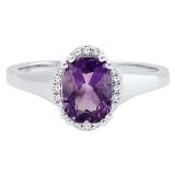 18K White Gold 8X6 MM Cushion Amethyst & Round White Diamond Ladies Bridal Engagement Ring