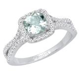 14K White Gold 6 MM Cushion Aquamarine & Round White Diamond Ladies Split Shank Engagement Ring