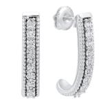 0.10 Carat (ctw) Sterling Silver White Diamond Ladies J Shape Hoop Earrings 1/10 CT