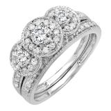 0.98 Carat (ctw) 10K White Gold Round White Diamond Ladies 3 Stone Engagement Ring Set 1 CT