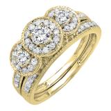 0.98 Carat (ctw) 10K Yellow Gold Round White Diamond Ladies 3 Stone Engagement Ring Set 1 CT