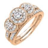 0.98 Carat (ctw) 14K Rose Gold Round White Diamond Ladies 3 Stone Engagement Ring Set 1 CT