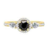 10K Yellow Gold 6 MM Round Black Diamond Pear White Sapphire & Round Diamond Ladies 3 Stone Ring