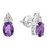 Sterling Silver 7X5 MM Each Oval Amethyst & Round White Diamond Ladies Stud Earrings