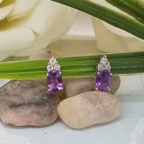 Sterling Silver 7X5 MM Each Oval Amethyst & Round White Diamond Ladies Stud Earrings