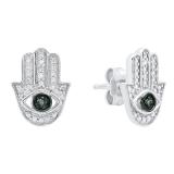 0.03 Carat (ctw) Sterling Silver Round White & Blue Diamond Ladies Hamsa Earrings