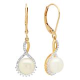 10K Yellow Gold 7.5 MM Each Round Pearl & White Diamond Ladies Dangling Drop Earrings