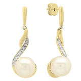 0.12 Carat (ctw) 14K Yellow Gold 8 MM Each Pearl & Round White Diamond Ladies Dangling Drop Earrings