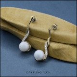 0.12 Carat (ctw) 14K Yellow Gold 8 MM Each Pearl & Round White Diamond Ladies Dangling Drop Earrings