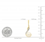 0.12 Carat (ctw) 14K Yellow Gold 8 MM Each Pearl & Round White Diamond Ladies Dangling Drop Earrings