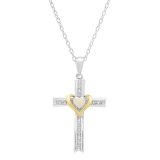 Sterling Silver 4 MM Heart Opal & Round White Diamond Ladies Heart Cross Pendant
