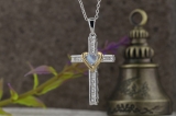 Sterling Silver 4 MM Heart Opal & Round White Diamond Ladies Heart Cross Pendant
