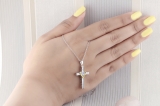 Sterling Silver 4 MM Heart Opal & Round White Diamond Ladies Heart Cross Pendant